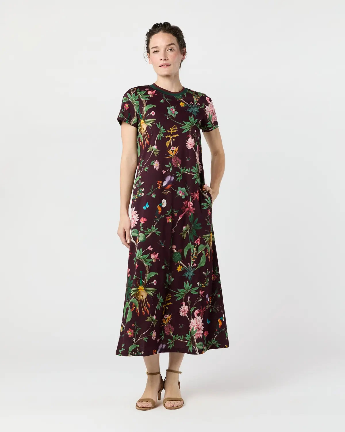 Sporty Swing Dress In Burgundy Zooflora Cotton Jersey 1