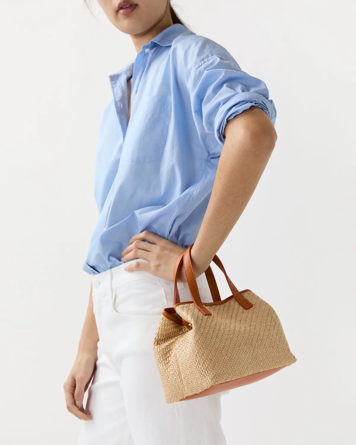 Small Judith Tote In Natural/Orange Raffia/Leather 1