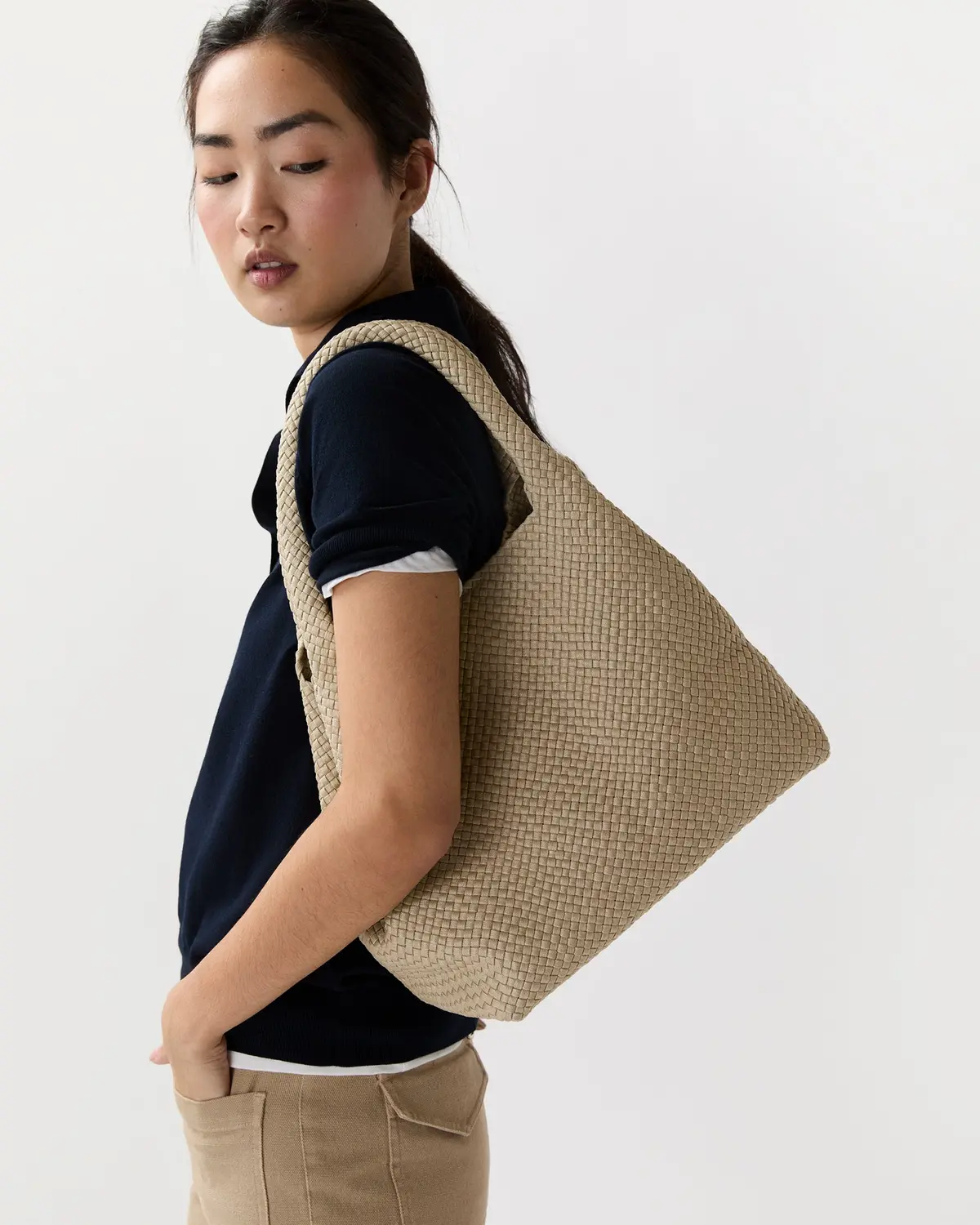 Mercato Handwoven Tote In Beige Coated Cotton 1