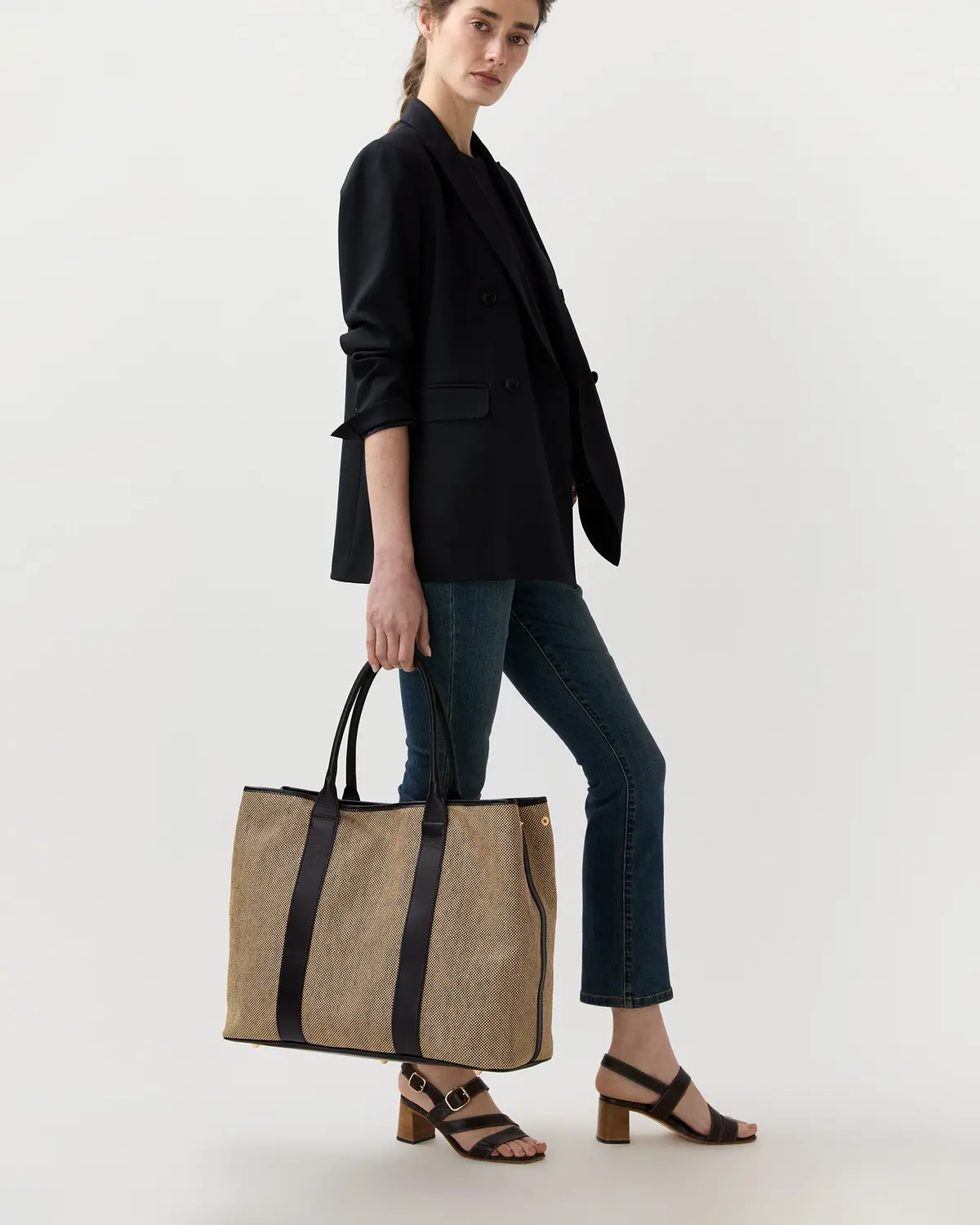 Weekend Tote In Tan/Black Basketweave 1