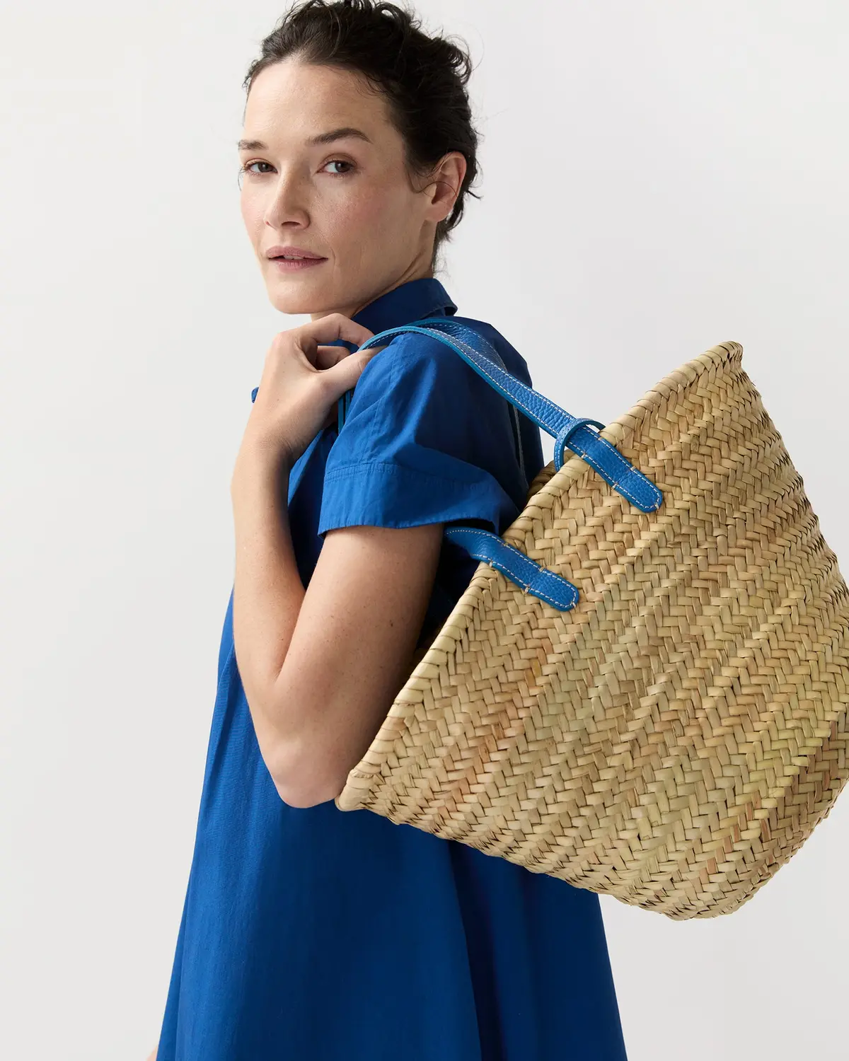 Leather Handle Straw Tote In Natural Straw/Blue Leather 1