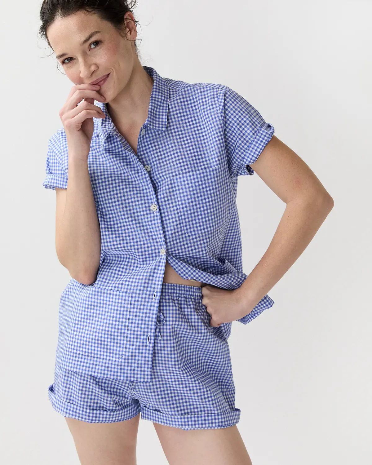 Jasmine Pajama Shorts Set In Blue Gingham Poplin 1