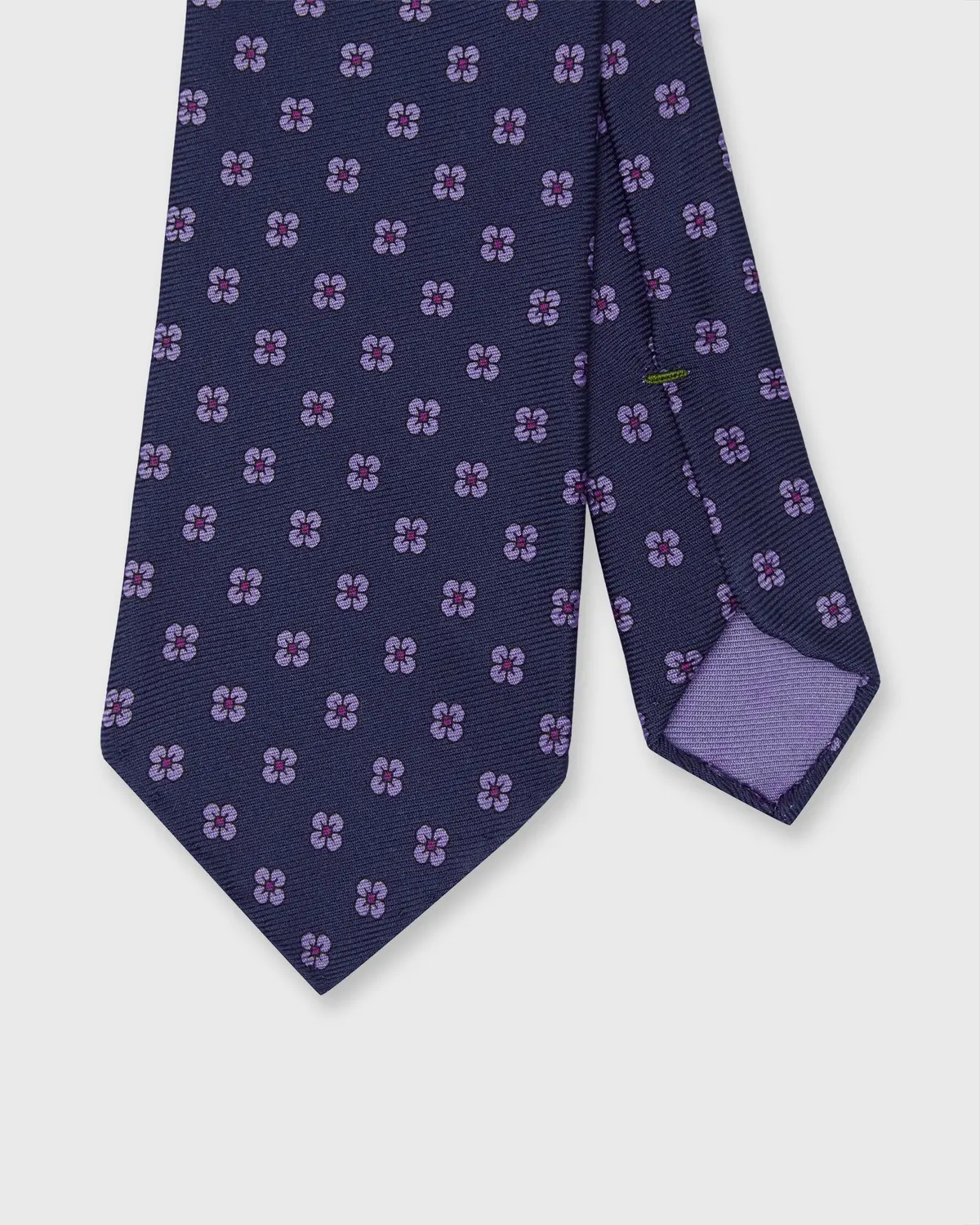 Silk Print Tie In Navy/Hyacinth Flower 1