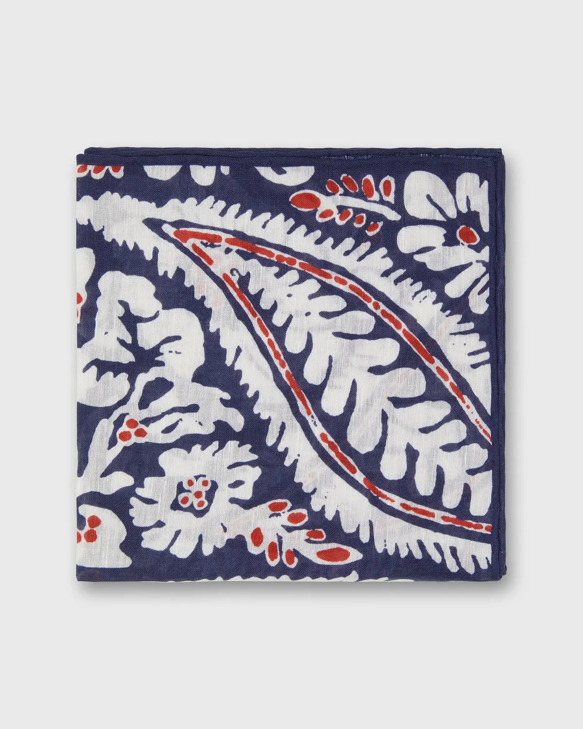 Linen/Cotton Print Pocket Square In Navy/Chalk/Red Large Paisley 1