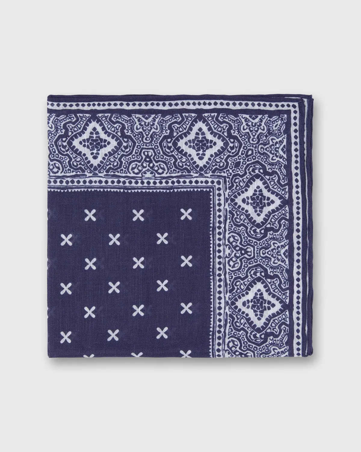 Linen/Cotton Print Pocket Square In Blue/Bone Paisley Bandana 1