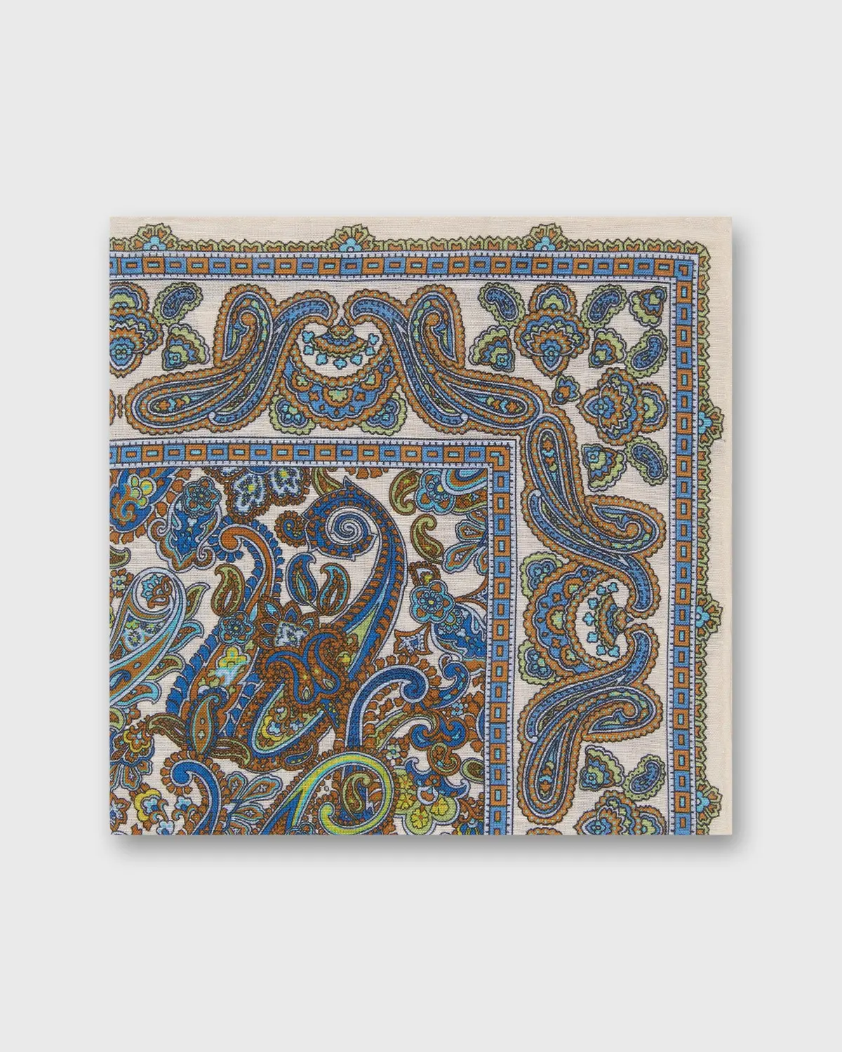 Linen/Cotton Print Pocket Square In Ivory/Royal/Brown Paisley 1