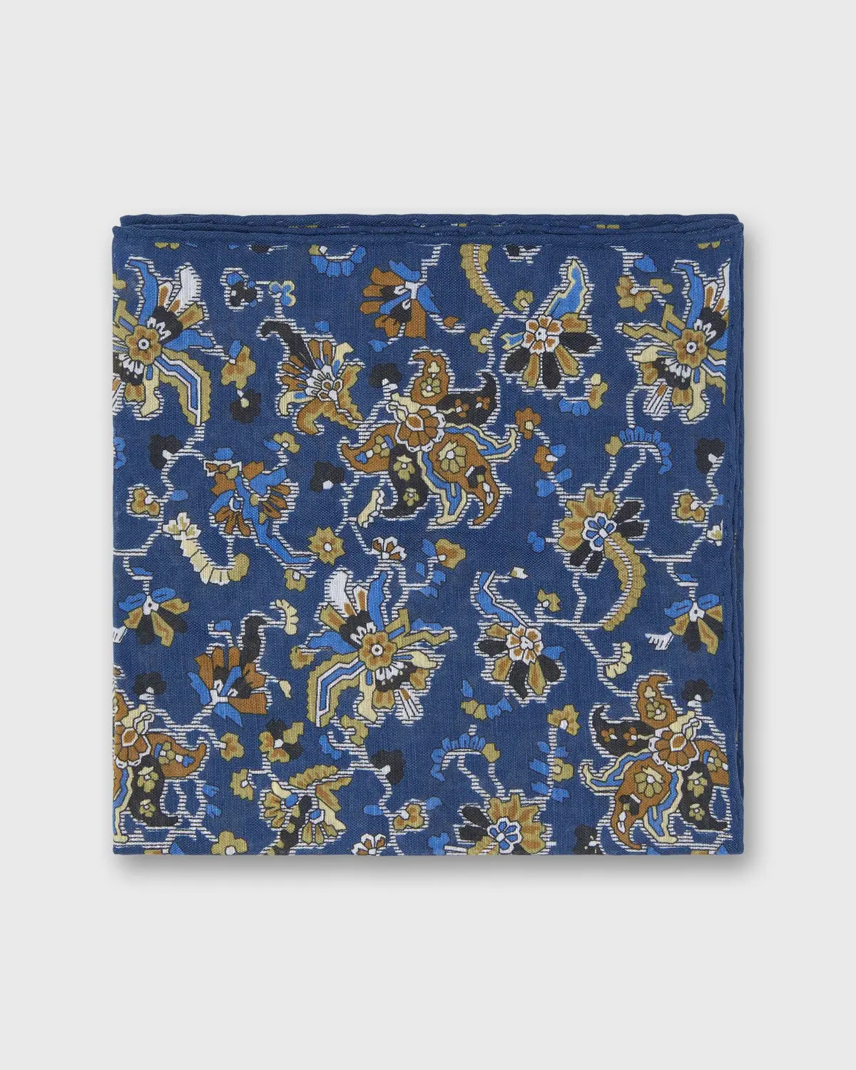 Linen/Cotton Print Pocket Square In Blue/Umber Jacobean Floral 1