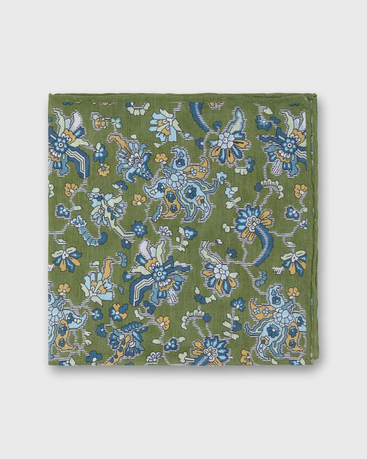 Linen/Cotton Print Pocket Square In Green/Sky Jacobean Floral 1