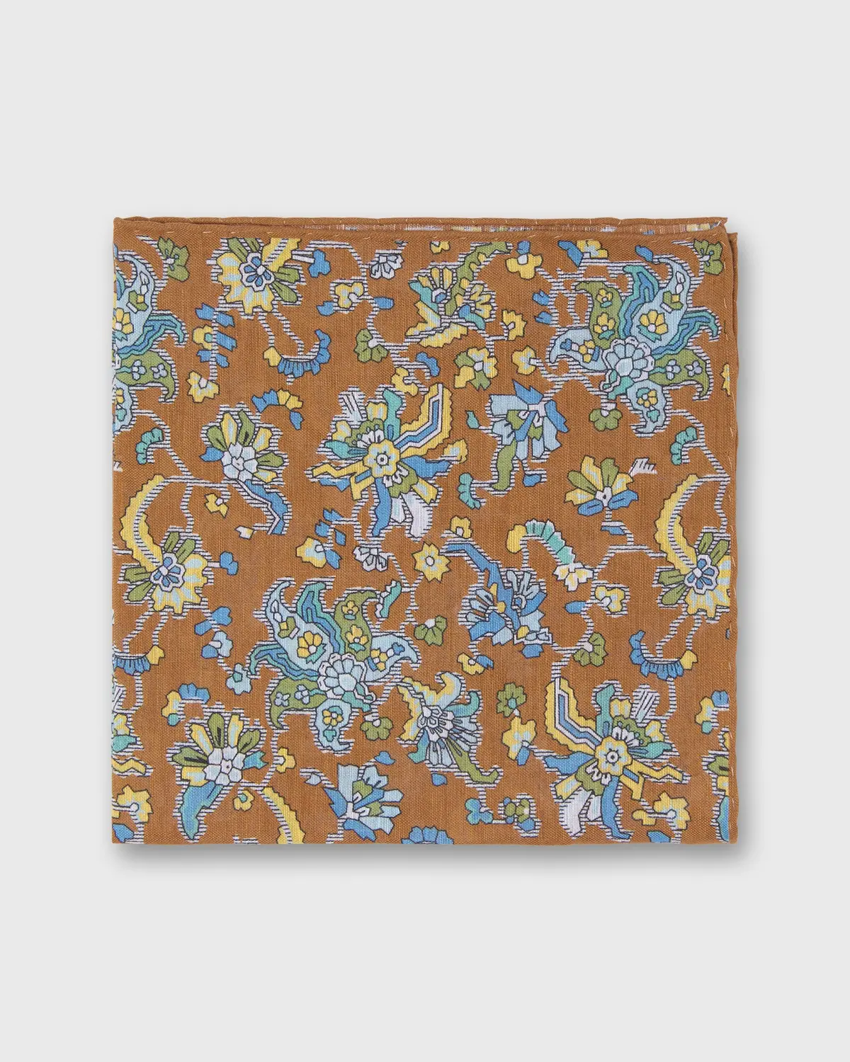 Linen/Cotton Print Pocket Square In Cognac/Sky Jacobean Floral 1
