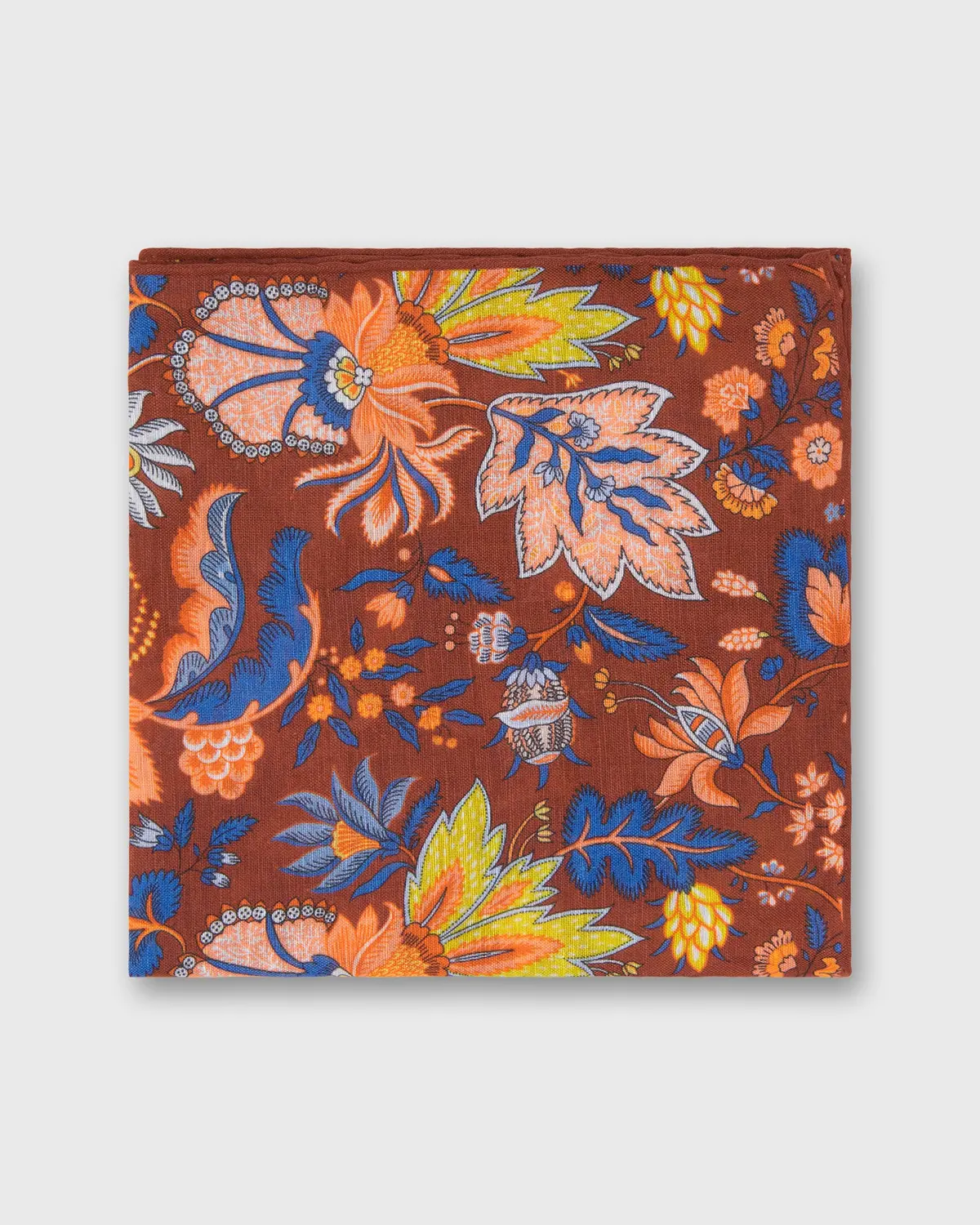 Linen/Cotton Print Pocket Square In Brick/Lovat Botanical 1