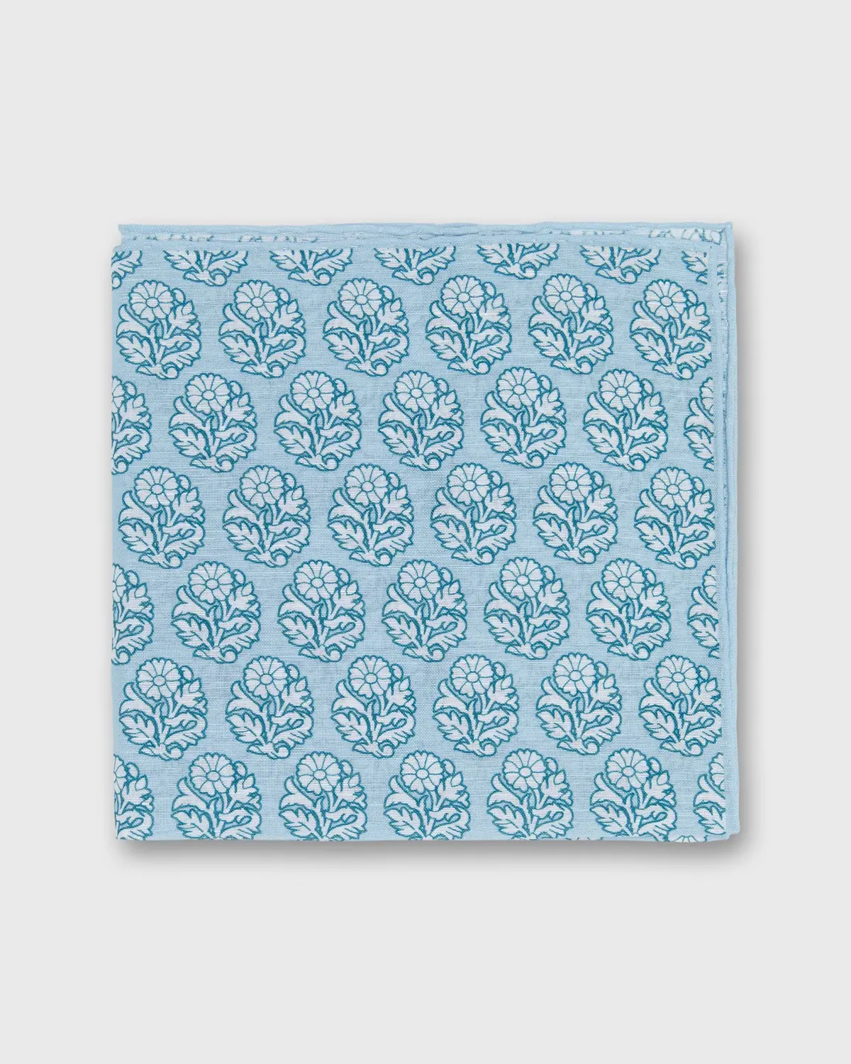 Linen/Cotton Print Pocket Square In Seafoam/Bone Flower 1