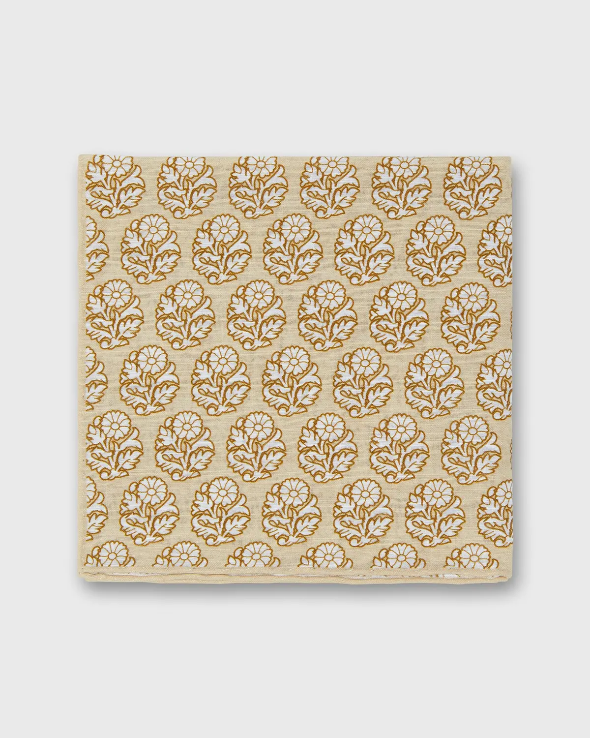 Linen/Cotton Print Pocket Square In Khaki/Bone Flower 1