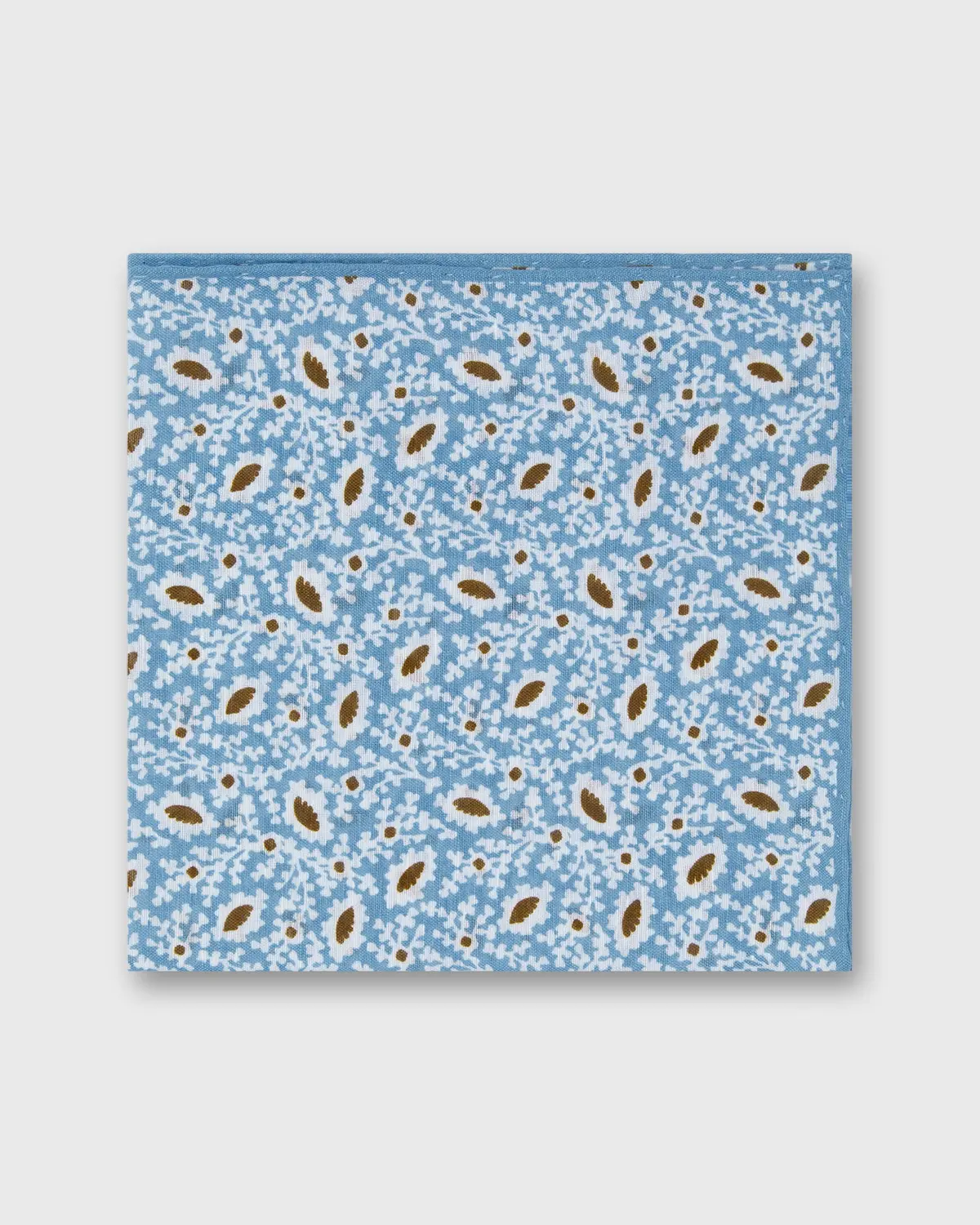Linen/Cotton Print Pocket Square In Sky/Chalk/Brown Floral 1