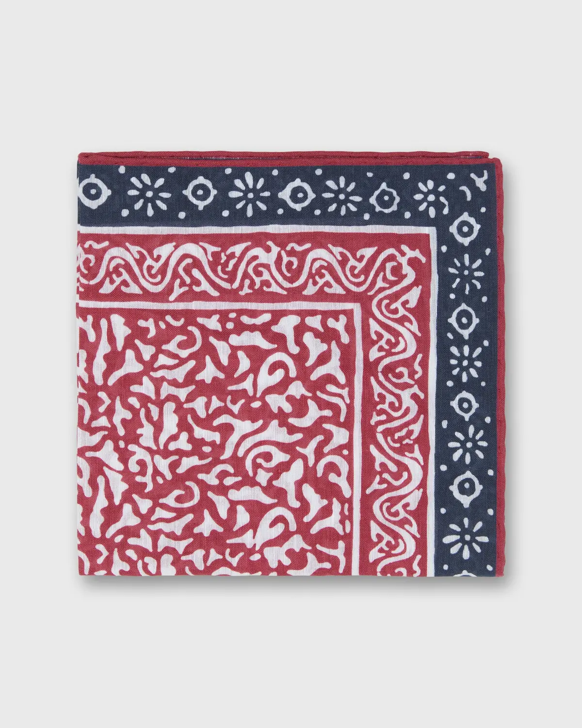 Linen/Cotton Print Pocket Square In Red/Navy Abstract 1