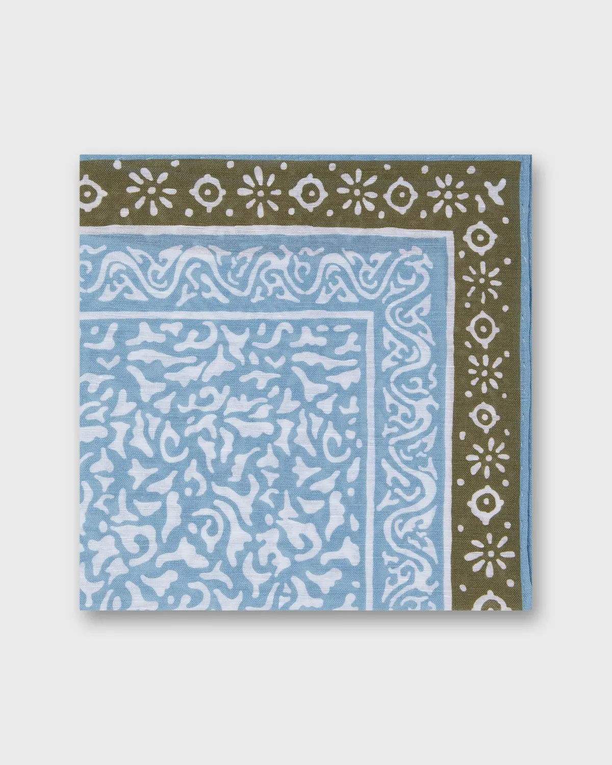 Linen/Cotton Print Pocket Square In Sky/Olive Abstract 1