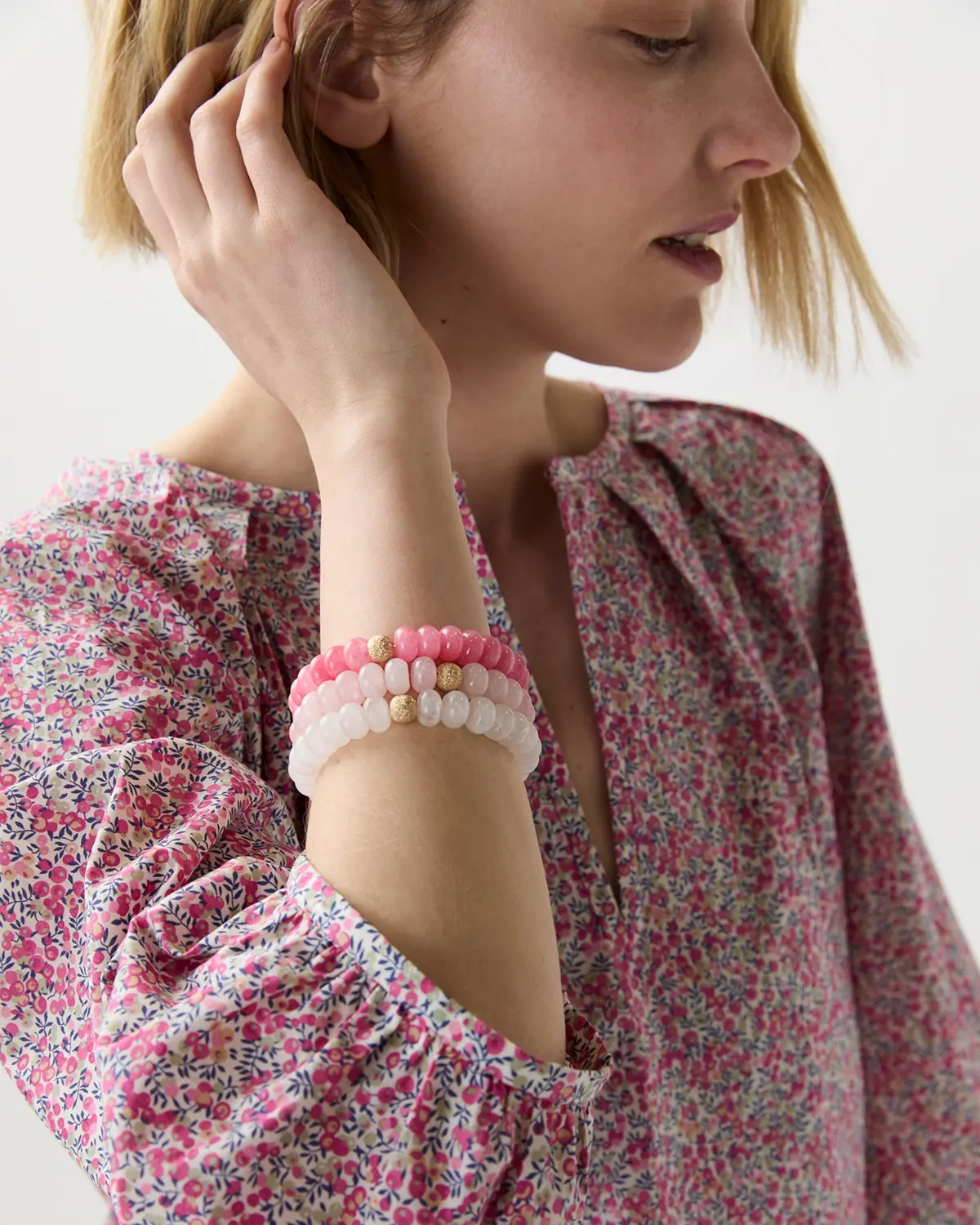 Semi Precious Beaded Bracelet In Pink Quartz Monochrome 2