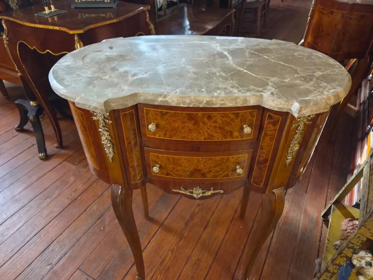 Pair Of Marble Top 2 Drawers French Kidney Side Tables 1