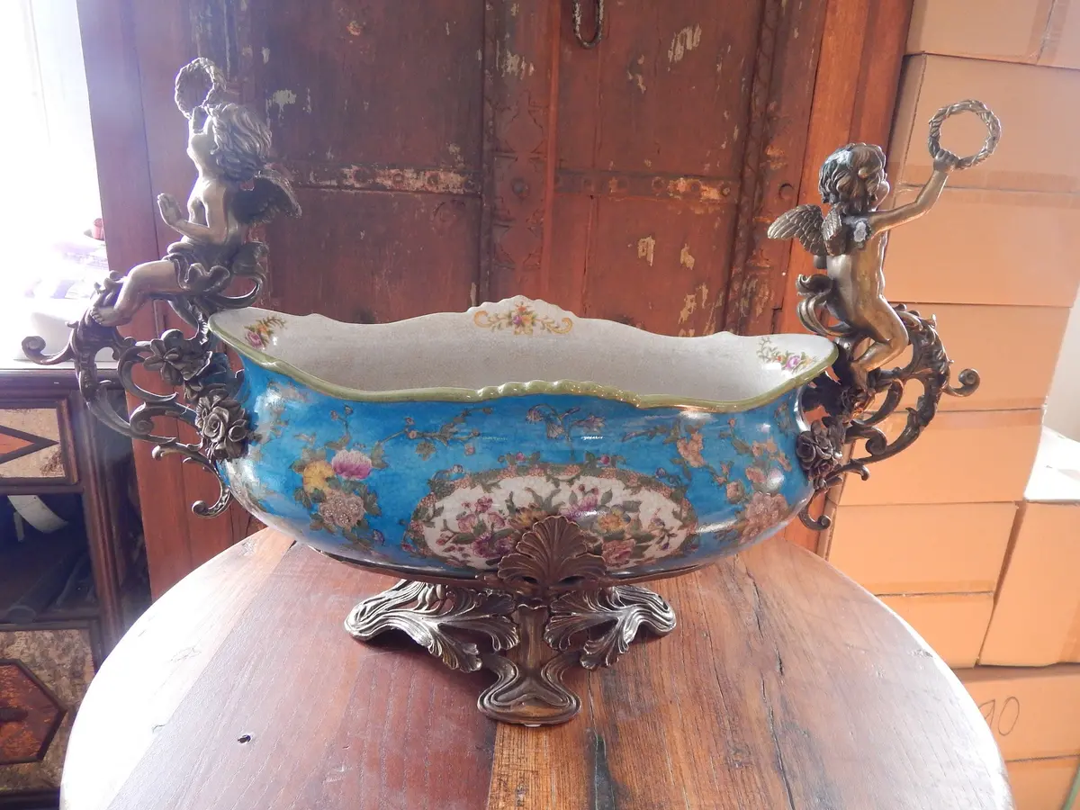 Sevres Porcelain - Blue French Style Bowl W/ Gilt Bronze Ormolu Cherub 1