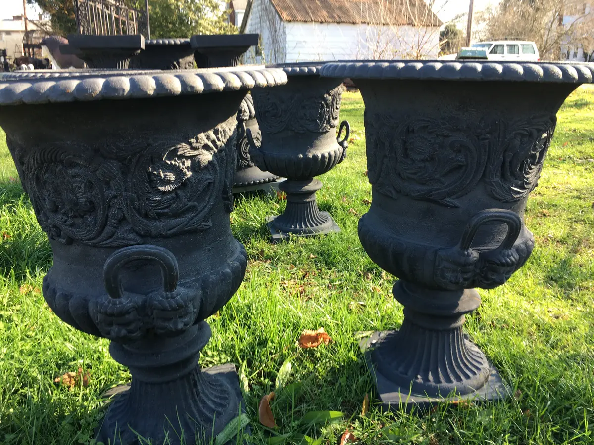 Large Cast Iron Urn With Handle Pair 1