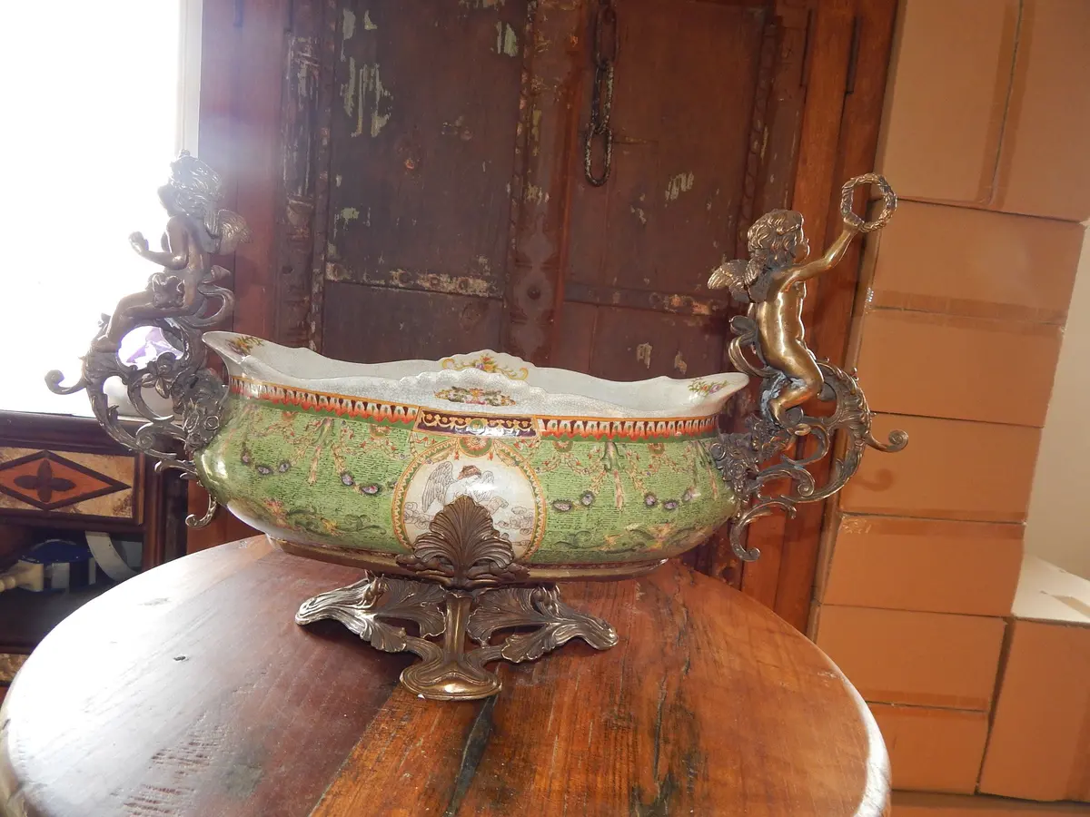 Sevres Porcelain - Green French Style Bowl W/ Gilt Bronze Ormolu Cherub 1