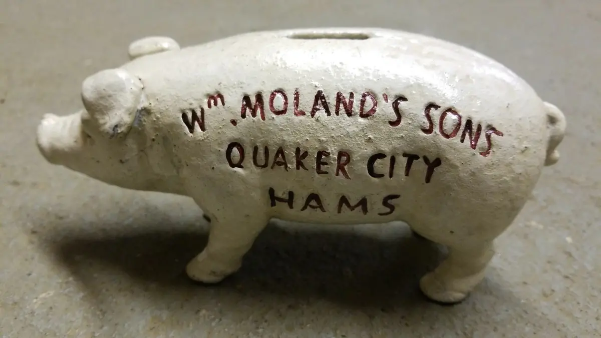 Pig Bank -Cast Iron "Wm Moland's Sons Quaker City Hams" Red Advertising 2