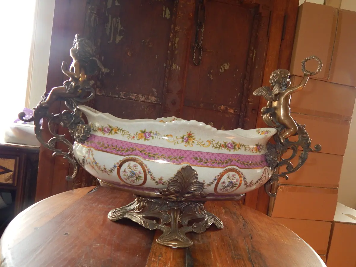 Sevres Porcelain - Pink French Style Bowl W/ Gilt Bronze Ormolu Cherub 1