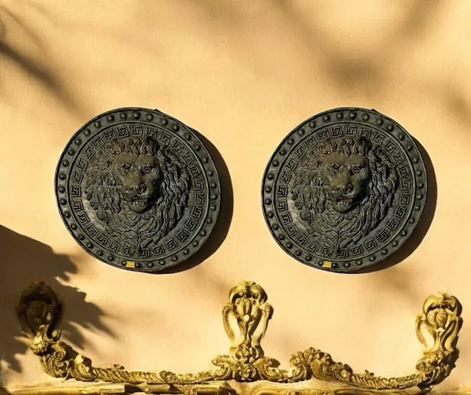 Bronze Lion Head Plaque Wall Art Pair 18” Round 1