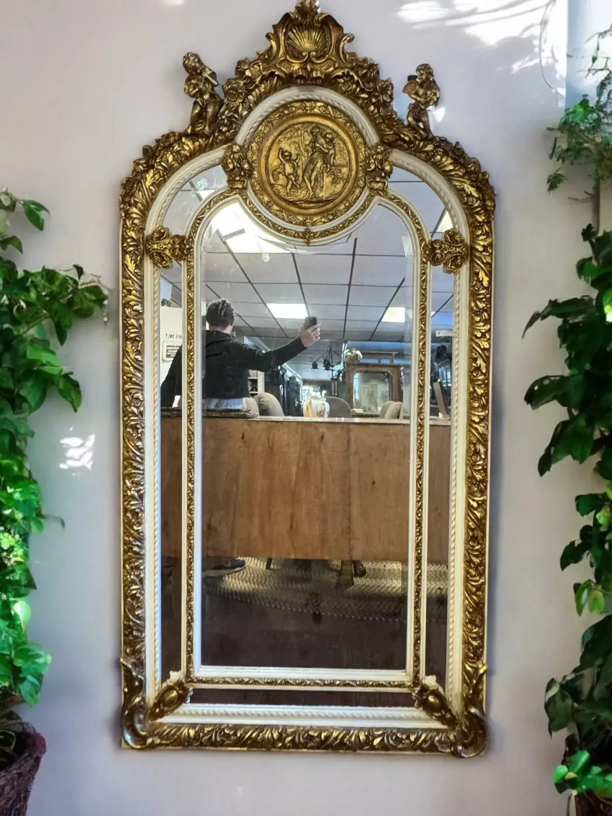 White & Gold Gilt Cherubian Putti Ornate Figural Wall Mirror 1