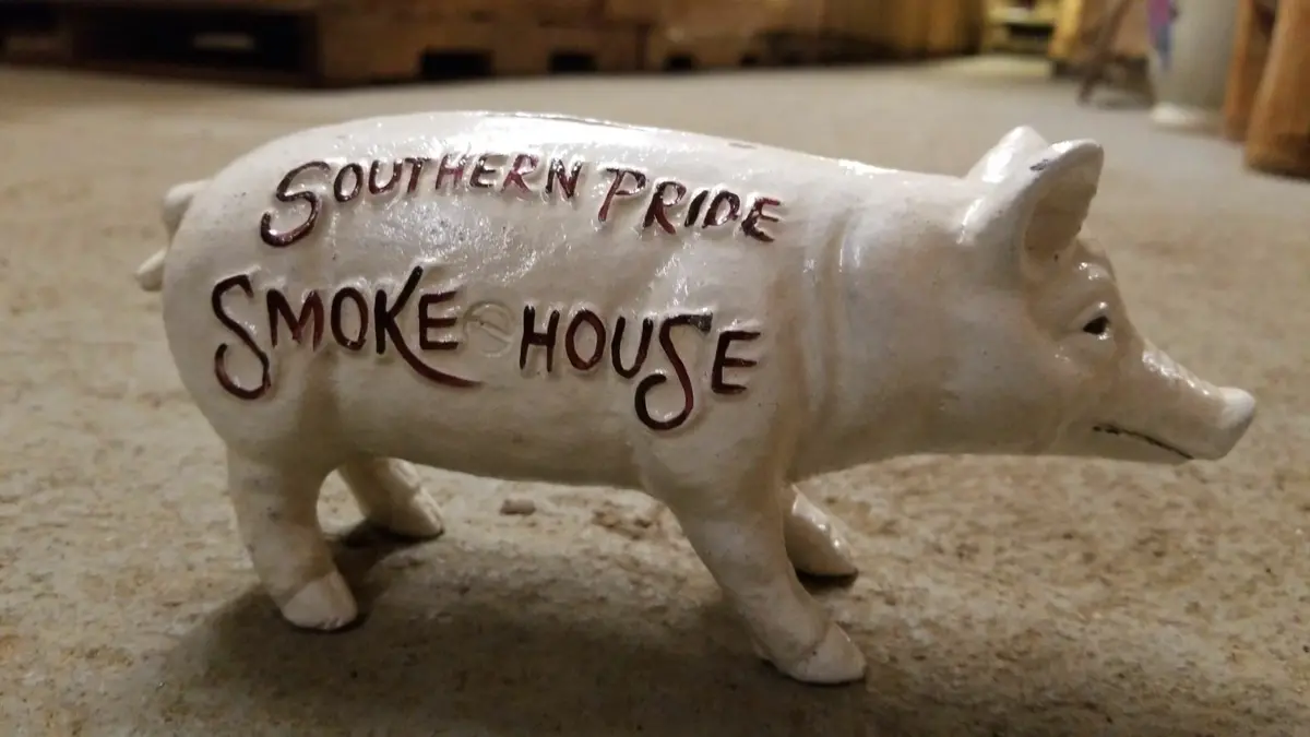 Pig Bank - Cast Iron "Southern Pride Smokehouse " Advertising 1
