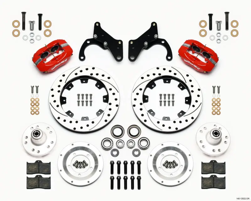 Wilwood Forged Dynalite Front Brake Kit — 12.19" Drilled Rotors, Red, Fits 1965–1968 Chevy Impala (Drum Spindle) 1